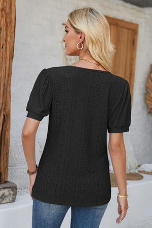 Black perforated puff sleeve henley blouse with eyelet detail