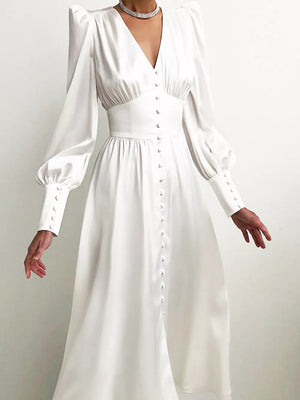 Elegant V-neck Puff Sleeve Button-down Midi Dress in White, close-up detail