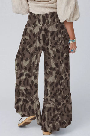 Camo print maternity pants with ruffled hem and wide leg