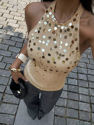 Sequin Halter Neck Cami in Gold, model styling view