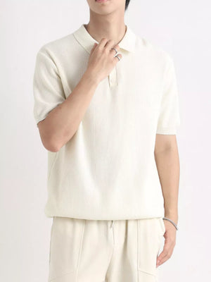 Men's apricot ribbed short sleeve polo with classic collar.