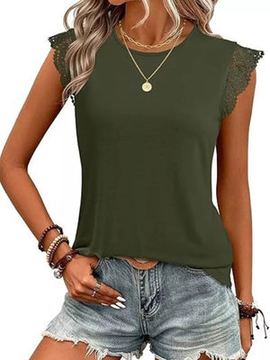 Olive green round neck shirt with lace cap sleeves and layered necklaces.