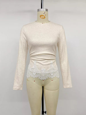 Lace Trim Long Sleeve T-shirt in Eggshell, editorial view