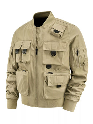Khaki multi-pocket tactical bomber jacket with zip closure and D-ring details.