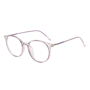 Round acetate eyeglasses with clear lenses and purple metal temples