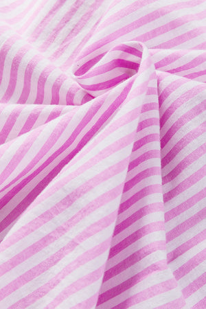 Pink and white striped blouse with ruffle sleeves and button detail