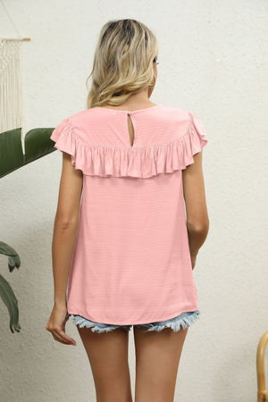 Blush pink blouse with ruffle yoke and sleeves, keyhole back detail