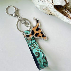 Embossed leather & crystal bull keychain with leopard print detail