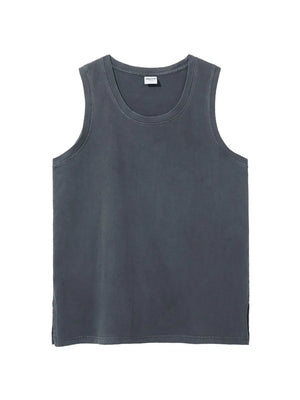 Gray relaxed fit tank top with crew neck and side slits.