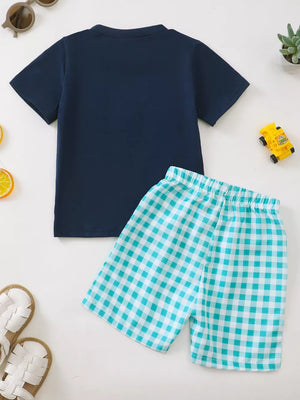 Baby set with navy t-shirt and turquoise gingham shorts
