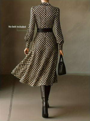 Geometric print midi dress with collar and long sleeves, brown and cream pattern.