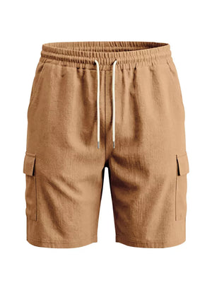 Brown cargo shorts with drawstring waist and crinkled texture