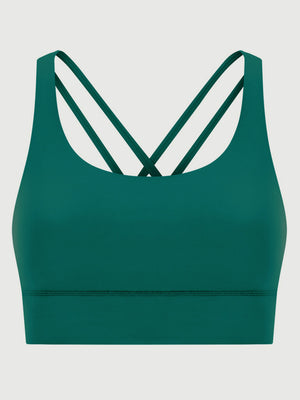 Dark green performance bra with crisscross back straps and a scoop neckline.