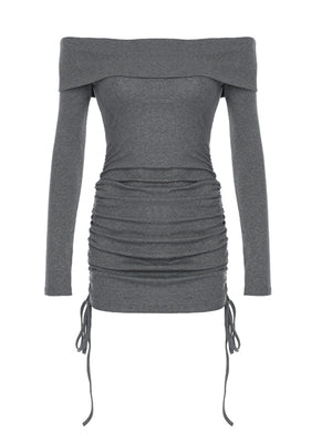 Grey ruched bodycon mini dress with off-the-shoulder neckline and adjustable drawstring sides.