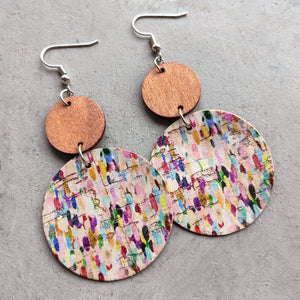 Cork & wood stripe disc earrings with colorful abstract pattern.