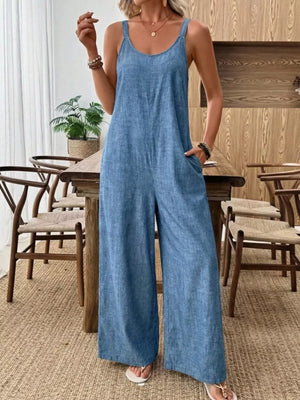 Spaghetti Strap Wide Leg Jumpsuit in Dusty Blue, front view