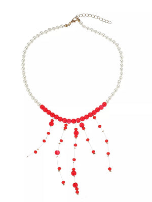 18k Gold-plated Synthetic Pearl Dangle Necklace in Deep Red, back view