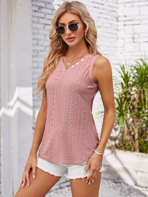 Blush pink eyelet button-down sleeveless top with V-neck and button detail.