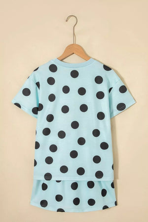 Light blue polka dot two-piece set with crew neck t-shirt and shorts.