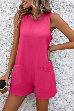 Hot Pink romper with crew neck, sleeveless, and two front pockets.