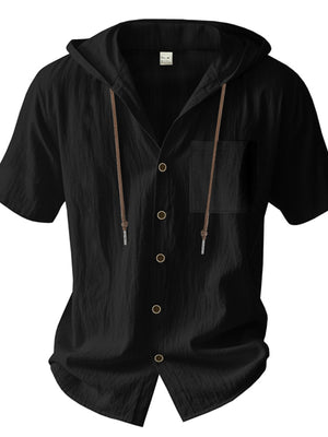Men's black short sleeve hooded shirt with pocket and drawstring detail
