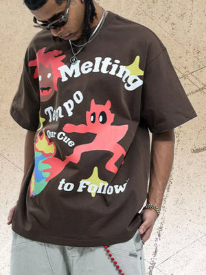 Brown cotton oversized t-shirt with bold graphic print and text.
