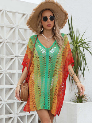 Ombre crochet kaftan cover-up with V-neck and short sleeves in red-violet, green, and yellow.