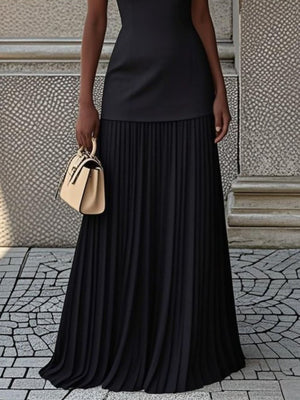 Black sleeveless boat neck top with a pleated maxi skirt set