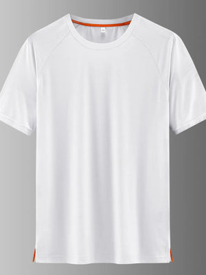Men's white quick-dry active t-shirt with orange trim and textured shoulders.
