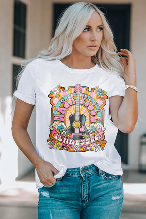 White graphic t-shirt with Nashville guitar and floral design