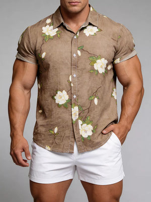 Men's Plus Size Floral Print Short Sleeve Shirt in Gold, fit detail