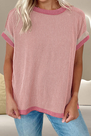 Ribbed tee in Dusty Pink with contrast trim and short sleeves.