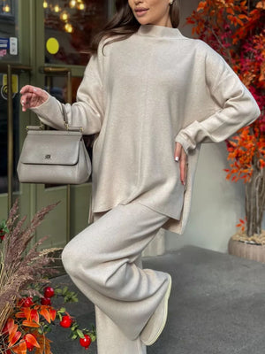 Relaxed fit knit co-ord set in Ochre with mock neck and wide leg pants.