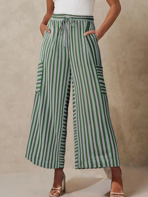 Moss green striped cargo culottes with drawstring waist and side pockets.