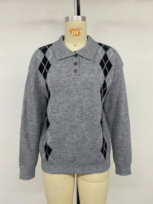 Argyle Patterned Polo Collar Sweater in Dark Gray, view 11