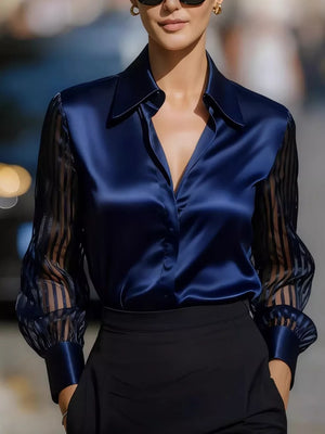 Elegant Shirt With Sheer Striped Sleeves in Scarlet, back view