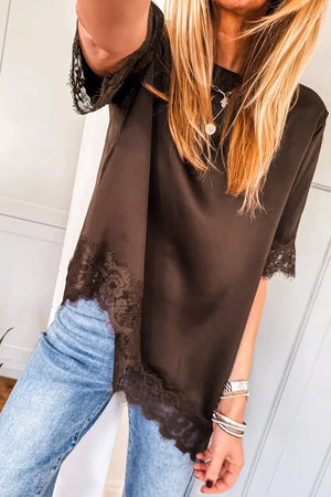 Brown satin lace trim maternity blouse with asymmetric hem and lace cuffs.