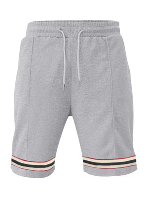 Gray textured knit drawstring shorts with striped hem detail and pockets.
