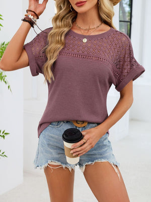 Waffle knit t-shirt in mauve with short sleeves and eyelet detail on the yoke and sleeves.