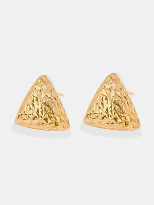 Textured gold triangle stud earrings with a hammered finish.