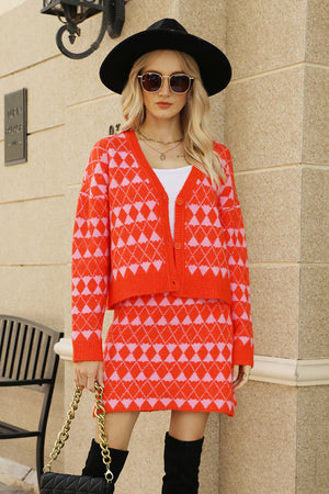 Argyle knit cardigan and mini skirt set in red with pink diamonds, buttoned V-neck cardigan