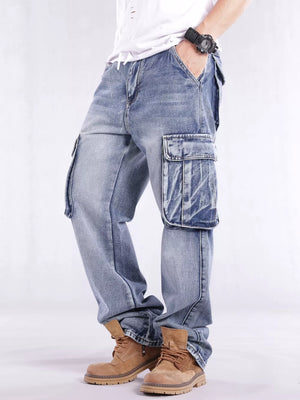 Relaxed fit light wash denim cargo jeans with flap pockets and contrast stitching.
