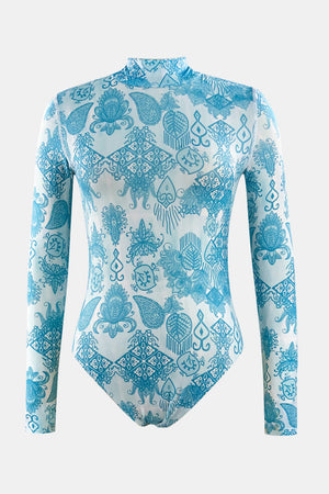 Geometric print high-neck long sleeve one-piece swimsuit in light blue