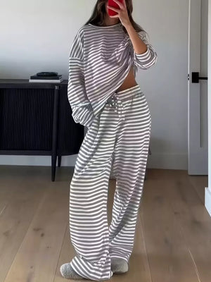 Light gray striped pajama set with drawstring pants and ruched top.