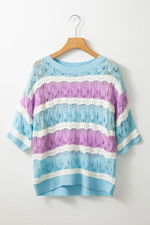 Striped openwork knit top with short sleeves in lavender, blue, and white.