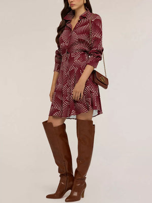 Red heart dot print mini shirt dress with button front and a-line silhouette.