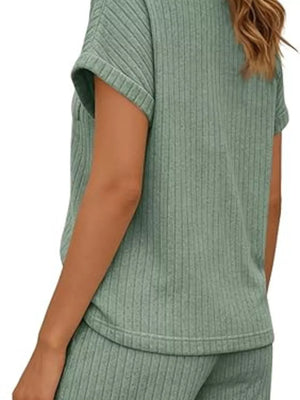 Army green ribbed knit loungewear set with short sleeves and drawstring shorts.