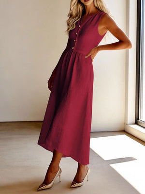 Burgundy button front flowy midi dress with a-line cut and V-neck.
