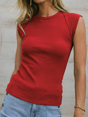 Red ribbed tank top with structured shoulders and crew neck