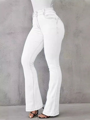 White high-waisted flare jeans with button closure and a cotton spandex blend.